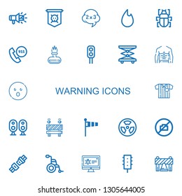 Editable 22 warning icons for web and mobile. Set of warning included icons line Megaphone, Jolly roger, Problem, Fire, Fleas, Emergency call, Traffic light on white background
