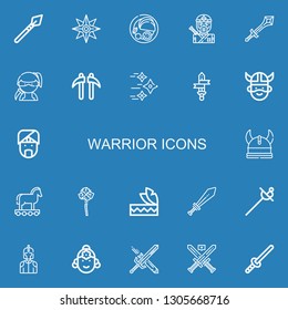 Editable 22 warrior icons for web and mobile. Set of warrior included icons line Spear, Shuriken, Indian, Ninja, Sword, Kusarigama, Viking, Trojan, Mace, Headdress on blue background