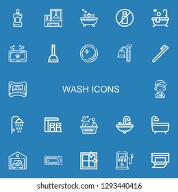 Editable 22 wash icons for web and mobile. Set of wash included icons line Mouthwash, Machine, Bath, No liquids, Soap, Plunger, Dish, Vacuum, Toothbrush, Mechanic on blue background