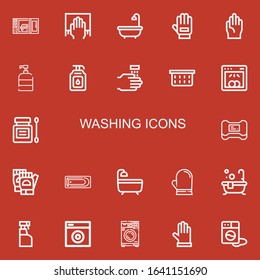 Editable 22 washing icons for web and mobile. Set of washing included icons line Microwave oven, Cleaning, Bath, Glove, Gloves, Soap, WASHING HANDS, Laundry basket on red background