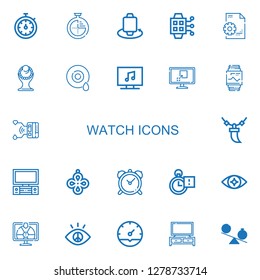 Editable 22 watch icons for web and mobile. Set of watch included icons line Stopwatch, Timer, Smartwatch, Management, Necklace, Eye, Television, Tv, Pendant on white background