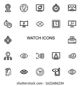 Editable 22 watch icons for web and mobile. Set of watch included icons line Clocks, Management, Television, Stopclock, Video, Stopwatch, Eye, Wall clock, Pendant on white background
