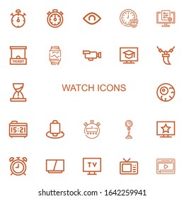 Editable 22 watch icons for web and mobile. Set of watch included icons line Stop watch, Stopclock, View, Time, Tv, Ticket office, Smartwatch, Video, Television on white background