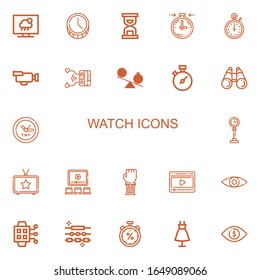 Editable 22 iconos de reloj para web y móvil. Conjunto de relojes incluidos íconos de la línea Televisión, Tiempo, Cristal, Stopclock, Stopwatch, Video, Smartwatch, Chronometer sobre fondo blanco