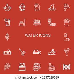 Editable 22 water icons for web and mobile. Set of water included icons line Aqualung, Firefighter, Relax, Shark, Water gun, Drink, Ink, Bath, Pipe, Plant, Leaf on red background