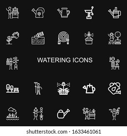 Editable 22 watering icons for web and mobile. Set of watering included icons line Gardener, Watering can, Spring, Garden, Gardening, Water hose, Sprinkler on black background