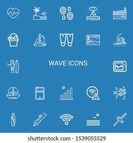 Editable 22 wave icons for web and mobile. Set of wave included icons line Cardiogram, Sea, Blood, Eruption, Radio, Fish, Boat, Fins, Lighthouse, Surfer, Electrocardiogram on blue background