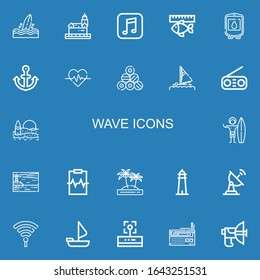 Editable 22 wave icons for web and mobile. Set of wave included icons line Surfboard, Lighthouse, Music, Fish, Blood, Anchor, Heartbeat, Pool, Sail, Radio, Beach on blue background