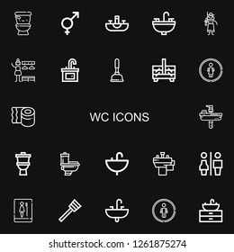 Editable 22 wc icons for web and mobile. Set of wc included icons line Wc, Genders, Sink, Cowgirl, Changing room, Plunger, Sewing box, Restroom, Toilet paper on black background