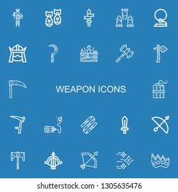 Editable 22 weapon icons for web and mobile. Set of weapon included icons line Paintball, Missile, Sword, Bullets, Cowboy, Samurai, Scythe, Axes, Axe, Dynamite on blue background