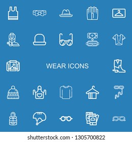 Editable 22 wear icons for web and mobile. Set of wear included icons line Sleeveless, Bow tie, Hat, Gloves, Hanger, Boot, Glasses, Virtual reality, Shirt, Panoramic view on blue background