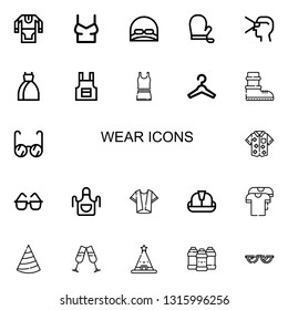 Editable 22 wear icons for web and mobile. Set of wear included icons line Tunic, Shirt, Cap, Gloves, Virtual reality, Dress, Apron, Clothes, Hanger, Boots on white background