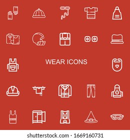 Editable 22 wear icons for web and mobile. Set of wear included icons line Gloves, Winter hat, Tie, Shirt, Apron, Clothes, Helmet, Vr, Hat, Bib, Clothes hanger on red background