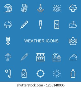 Editable 22 weather icons for web and mobile. Set of weather included icons line Umbrella, Water, Pixel, Cloud, Storm, Thermometer, Medical app, Mercury, Farming on blue background