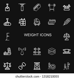 Editable 22 weight icons for web and mobile. Set of weight included icons line Crane, Punching bag, Hot dog, Bench press, Scale, Oxigen, Fitness, Measuring tape on black background