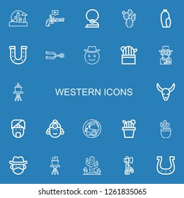 Editable 22 western icons for web and mobile. Set of western included icons line Wild west, Pistol, Cowboy, Prickly pear, Cactus, Horseshoe, Spur, Bull skull on blue background