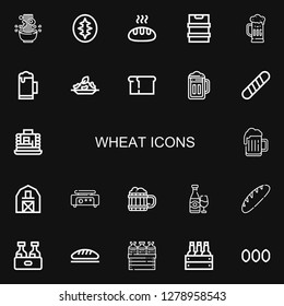 Editable 22 wheat icons for web and mobile. Set of wheat included icons line Noodle, Sourdough, Bread, Beer, Rice, Baguette, Pancakes, Barn, Crepe maker, Seeds on black background