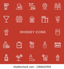 Editable 22 whiskey icons for web and mobile. Set of whiskey included icons line Cocktail, Barman, Bar, Alcoholic drink, Cask, Cola, Whiskey, Hip flask, Brandy on red background