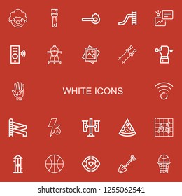 Editable 22 white icons for web and mobile. Set of white included icons line Clown, Brush, Match, Toboggan, Statistics, Remote control, Cooker, Photo, Poles on red background