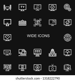 Editable 22 wide icons for web and mobile. Set of wide included icons line Television, Tv, Internet, Monitor, Palais garnier, Expand, Smart tv, Screens, Web on black background