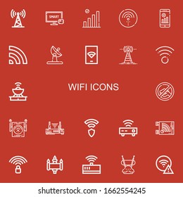 Editable 22 wifi icons for web and mobile. Set of wifi included icons line Antenna, Smart tv, Wifi, No Signal, Router, Wireless, signal, Modem on red background