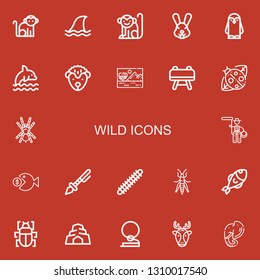 Editable 22 wild icons for web and mobile. Set of wild included icons line Monkey, Shark, Rabbit, Penguin, Dolphin, Hedgehog, Savannah, Buck, Ladybird, Tarantula on red background