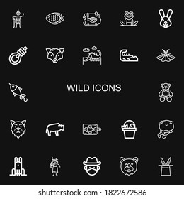 Editable 22 wild icons for web and mobile. Set of wild included icons line Swallow, Fish, Frog, Rabbit, Gallows, Fox, Dinosaur, Crocodile, Moth, Bear, Wolf on black background