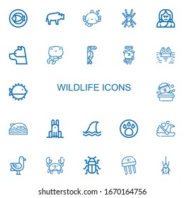 Editable 22 Wildlife Icons For Web And Mobile. Set Of Wildlife Included Icons Line Fish, Bison, Tarantula, Troglodyte, Dog, Frog, Toucan, Hippopotamus, Puffer Fish On White Background