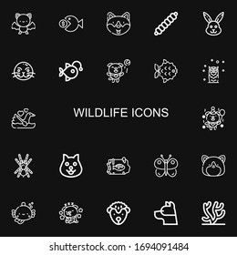 Editable 22 wildlife icons for web and mobile. Set of wildlife included icons line Bat, Fish, Dog, Caterpillar, Rabbit, Sea lion, Anglerfish, Owl, Swan, Tarantula on black background