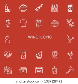 Editable 22 wine icons for web and mobile. Set of wine included icons line Vodka, Salad, Champagne, Sagrada familia, Soda, Cocktail, Toast, Bar, Drink, Martini on red background