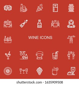 Editable 22 wine icons for web and mobile. Set of wine included icons line Toast, Bar, Party, Refrigerator, Drinks, Romantic dinner, Champagne, Rum, Waitress on red background