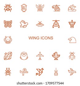 Editable 22 wing icons for web and mobile. Set of wing included icons line Bee, Parrot, Butterfly, Helicopter, Swan, Dove, Moth, Caduceus, Raven, Ladybird on white background