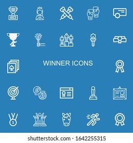 Editable 22 winner icons for web and mobile. Set of winner included icons line Trophy,   Darts, Boxing, Reward, Torch, Winning, Diploma, Poker, Certificate on blue background