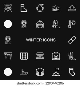 Editable 22 winter icons for web and mobile. Set of winter included icons line Mountain, Boot, Elf, Igloo, Winter hat, Eskimo, Jacket, Thermometer, Rubber on black background