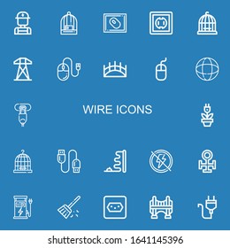 Editable 22 wire icons for web and mobile. Set of wire included icons line Electrician, Bird cage, Mouse, Socket, Electric tower, Bridge, Earth grid, Hdmi port on blue background