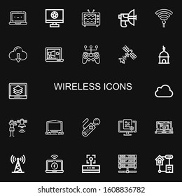 Editable 22 wireless icons for web and mobile. Set of wireless included icons line Laptop, Television, Tv, Parabolic, Hotspot, Cloud computing, Gamepad, Satellite on black background