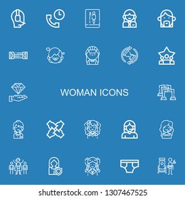Editable 22 woman icons for web and mobile. Set of woman included icons line Operator, Support, Toilet, Woman, Avatar, Resistance band, Girl, Maid, Waiting on blue background