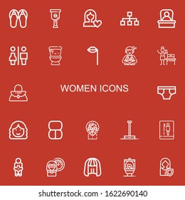 Editable 22 Women Icons For Web And Mobile. Set Of Women Included Icons Line Sandals, Leg, Women Rights, Hierarchy, Boss, Restrooms, Wc, Lips, Woman, Woman Suffrage On Red Background