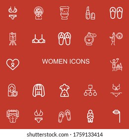 Editable 22 women icons for web and mobile. Set of women included icons line Bikini, Woman, Wc, Lipstick, Sandals, Wedding sign, Brassiere, Perfume, Disgusted on red background