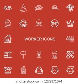 Editable 22 worker icons for web and mobile. Set of worker included icons line Teamwork, Hat, Bee, Maid, Avatar, Man, Tnt, Warehouse, Team, Hammer, Ant, Courier on red background