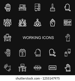 Editable 22 working icons for web and mobile. Set of working included icons line Glove, Desk, Sketchbook, Broom, Gloves, Meeting, Work table, Tv table on black background