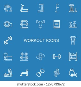 Editable 22 workout icons for web and mobile. Set of workout included icons line Pushup, Treadmill, Gym station, Strength, Yoga mat, Dumbbell, Chest expander on blue background