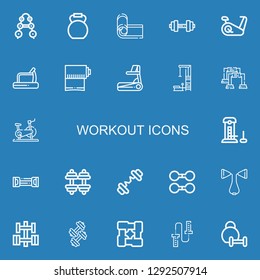 Editable 22 workout icons for web and mobile. Set of workout included icons line Barbell, Kettlebell, Yoga mat, Dumbbell, Stationary bike, Treadmill, Gym station on blue background