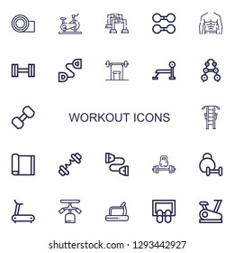 Editable 22 workout icons for web and mobile. Set of workout included icons line Yoga mat, Stationary bike, Pushup, Dumbbell, Abs, Chest expander, Weightlifting on white background