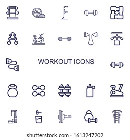 Editable 22 workout icons for web and mobile. Set of workout included icons line Dumbbell, Weight plates, Gym station, Arms, Barbell, Stationary bike, Chest expander on white background