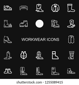 Editable 22 workwear icons for web and mobile. Set of workwear included icons line Boots, Safety mask, Vest, Boot on black background