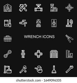 Editable 22 wrench icons for web and mobile. Set of wrench included icons line Garage, Tools, Pipe, Cross wrench, Configuration, Mechanic, Admin, Toolbox, Plier on black background