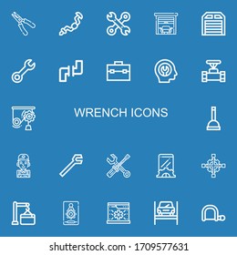 Editable 22 wrench icons for web and mobile. Set of wrench included icons line Plier, Ratchet, Tools, Garage, Wrench, Pipes, Toolbox, Fixed, Pipe, Mechanics on blue background