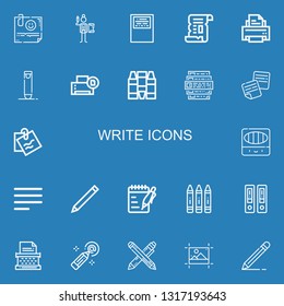 Editable 22 write icons for web and mobile. Set of write included icons line Note, Writing, Workbook, Papyrus, Printer, Crayon, Crayons, Feedback, Notes, Colored pencils on blue background