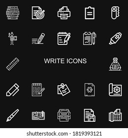 Editable 22 write icons for web and mobile. Set of write included icons line Feedback, Document, Printer, Paper, Writing, Write, Notes, Highlighter, Ruler on black background